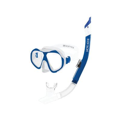 three quarter front shot of Enlighten 2 mask and snorkel, white and blue