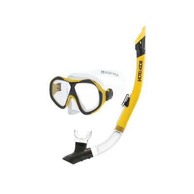 three quarter front shot of Enlighten 2 mask and snorkel, yellow and black