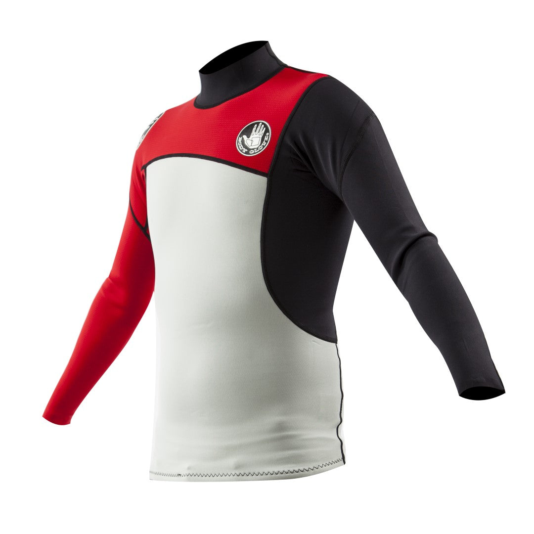 three quarter front shot of Prime Long Arm fitted Rashguard red, white, and black