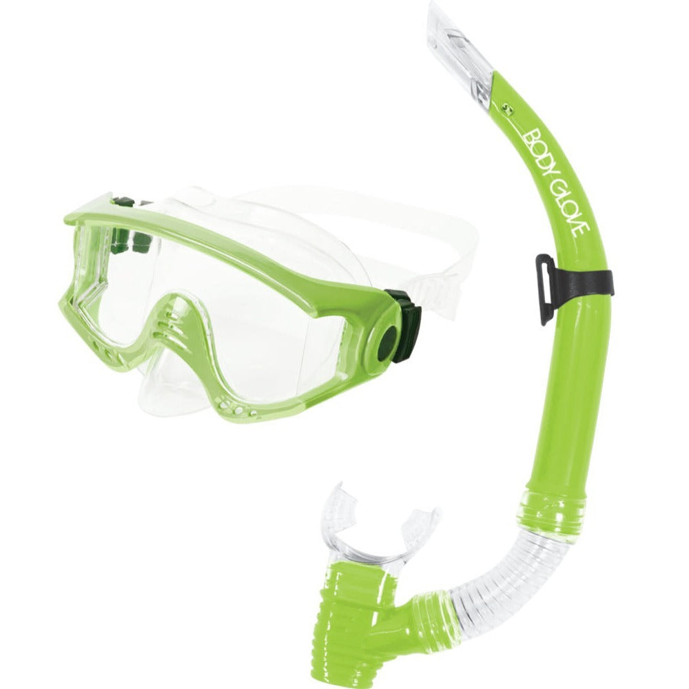 three quarter front shot of Halo dive mask and snorkel, green
