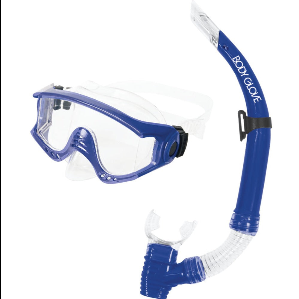 three quarter front shot of Halo dive mask and snorkel, blue