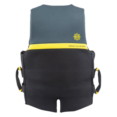 Rear view of the Jetpilot L.R.E. Copilot life vest black, charcoal, and yellow colorway.