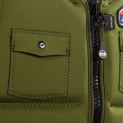 Closeup view showing zipper and pocket of the Aaron Rathy of the Jetpilot's Aaron Rathy Signature Comp Vest Moss colorway.