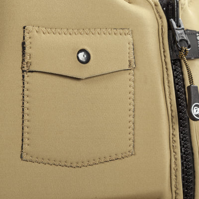 Closeup view showing zipper and pocket of the Aaron Rathy of the Jetpilot's Aaron Rathy Signature Comp Vest Sand colorway.