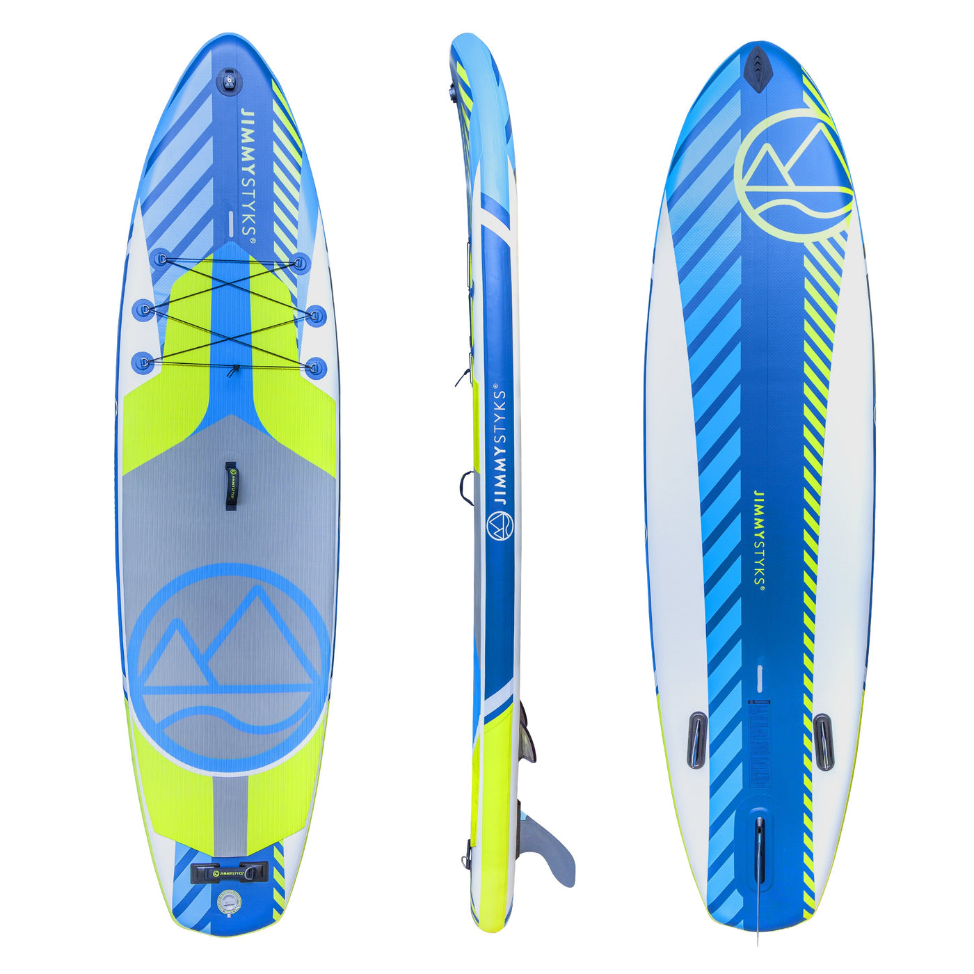 Image of all the views of the Jimmy Styks 11' Puffer Inflatable SUP board. Front, side and rear.