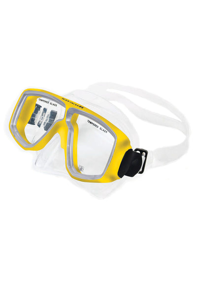 three quarter front shot of Optical dive mask, correctional vision yellow