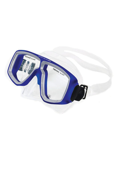 three quarter front shot of Optical dive mask, correctional vision blue
