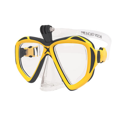 three quarter front shot of Passage dive mask, yellow