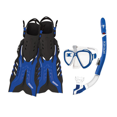 front shot of Passage dive mask, snorkel, and dive fins. Blue