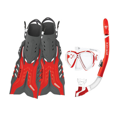 front shot of Passage dive mask, snorkel, and dive fins. Red