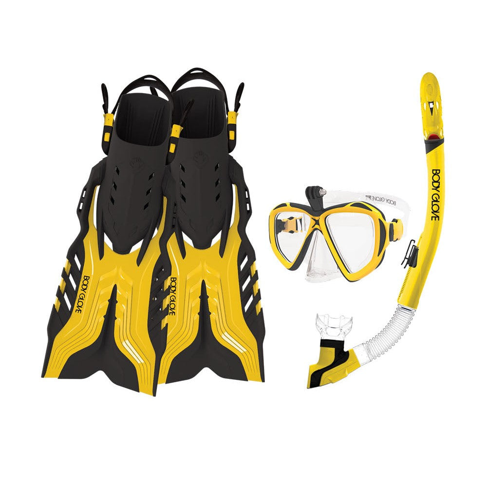 front shot of Passage dive mask, snorkel, and dive fins. Yellow