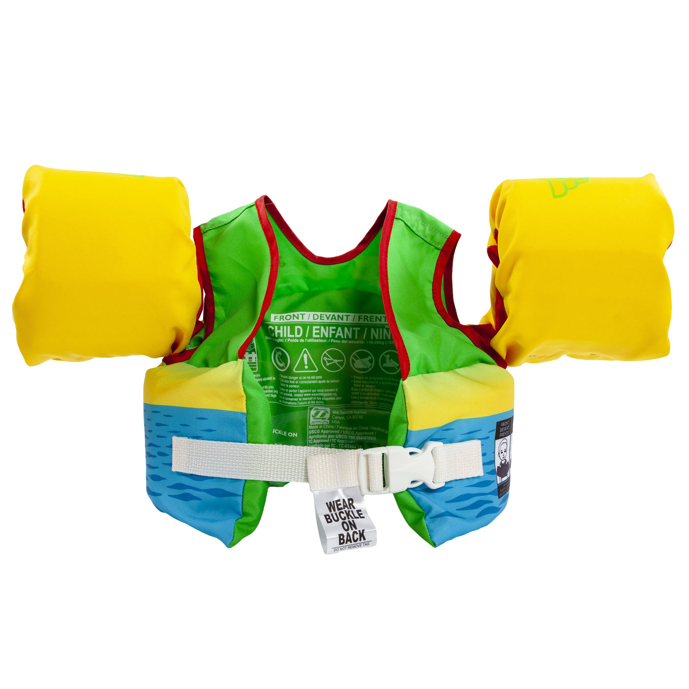 Rear view of the Jetpilot Lil Wing Man Infant swim vest Dino colorway.