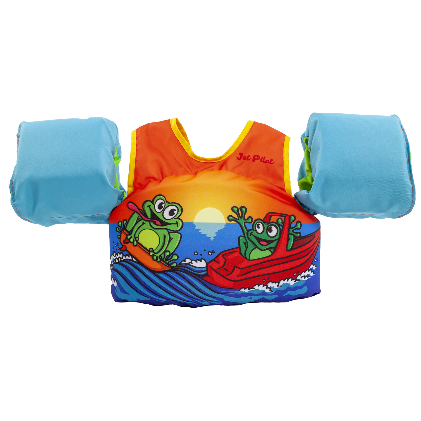 Front view of the Jetpilot Lil Wing Man Infant swim vest Toad colorway.