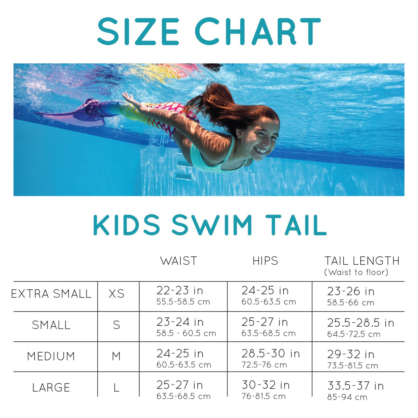 size chart. kids swim tail